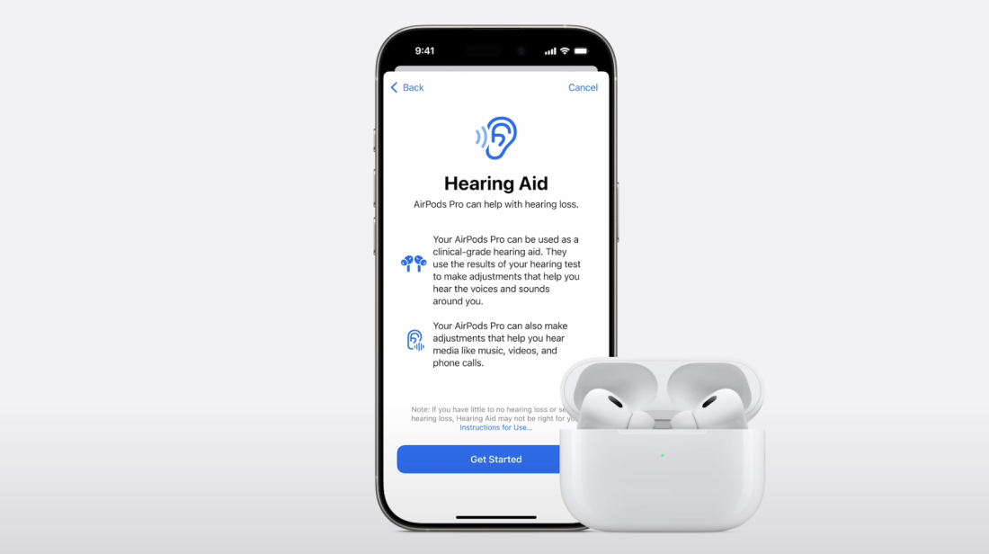 苹果在 YouTube 上的宣传视频截图,展示了即将推出的适用于 AirPods Pro 2 和兼容 iOS 18 的 iPhone 和 iPad 的全新助听器功能。