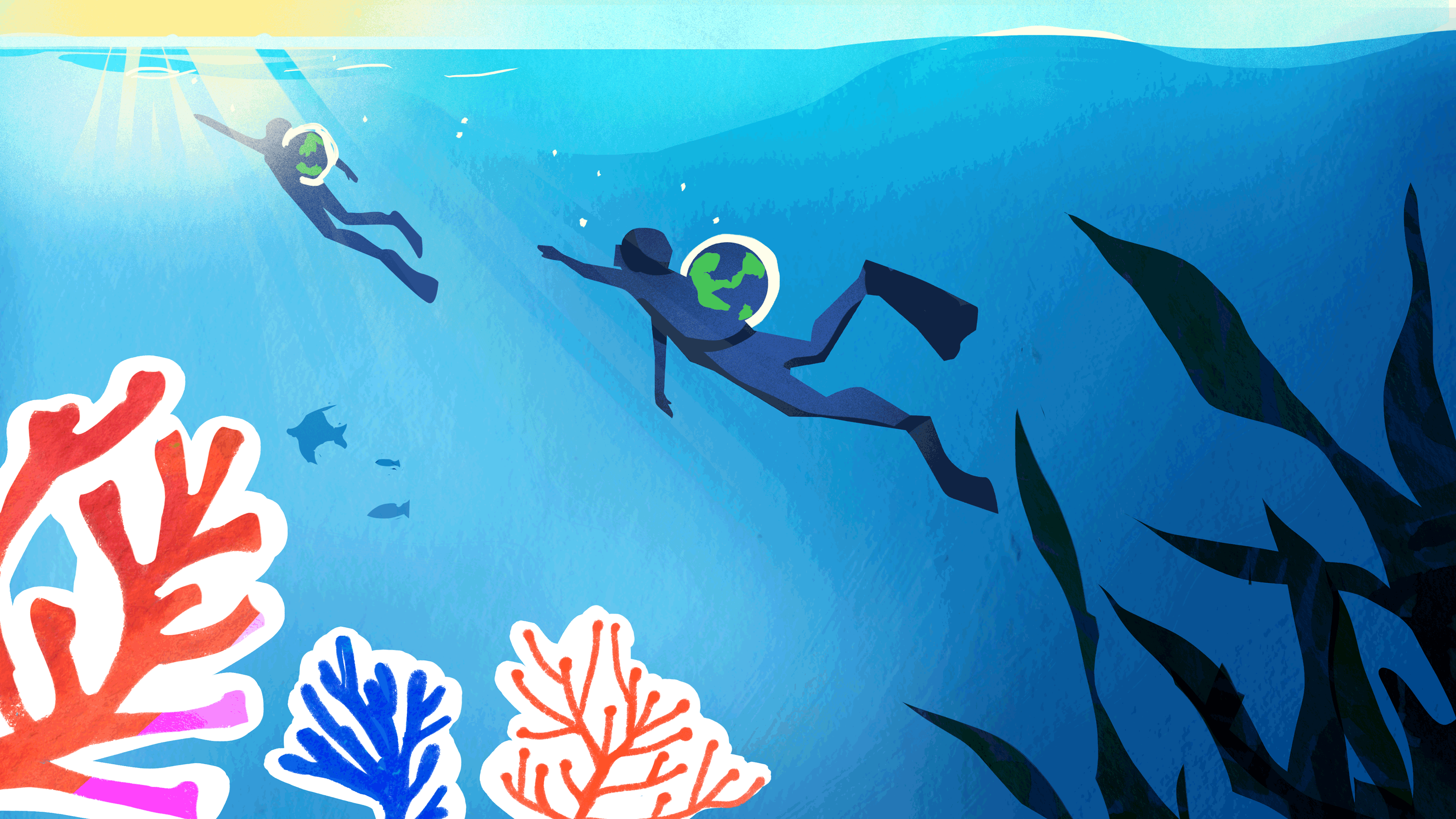 两名潜水员游向珊瑚、海草和海洋生物的海面的插图。