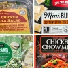 并排显示含有召回鸡肉的预制食品,包括沙拉、迷你墨西哥卷饼和炒面。