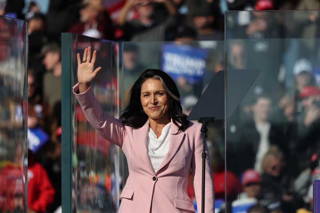 11 月 3 日,前众议员图尔西·加巴德 (Tulsi Gabbard) 在宾夕法尼亚州利蒂茨为前总统唐纳德·特朗普 (Donald Trump) 举行的竞选集会上登台。